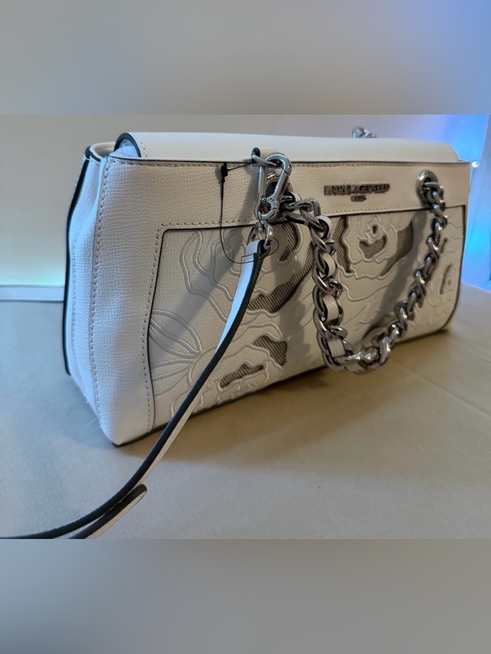 Karl Lagerfeld Cream White Floral Appliqué Heavy Chain Handles Shoulder Bag NWT - Picture 6 of 10